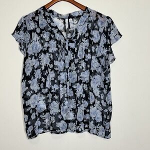 Elle Floral Blouse Sheer Size‎ Large Flutter Sleeve Tie Pullover Romantic Roses